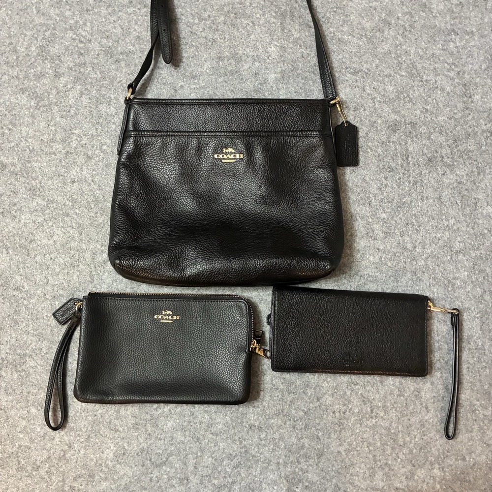 Coach F28035 Black Pebble Leather File Crossbody Bag Wristlet & Wallet 3pc Set